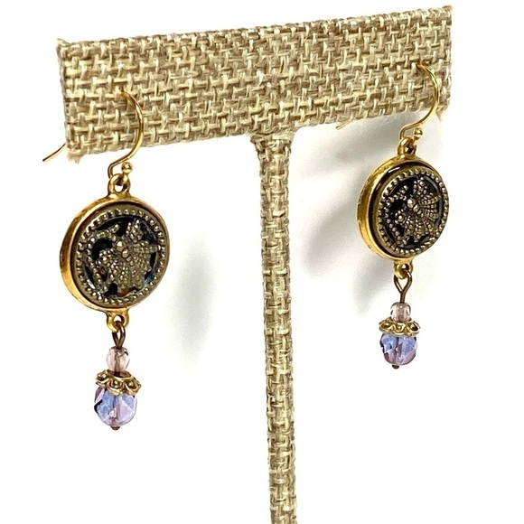 Earrings Dangles Drops Gold Tone Purple Crystals Buttons - Picture 6 of 11